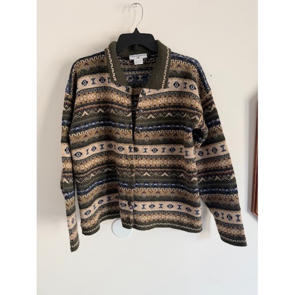 Vintage Fair Isle Geometric Kathy Ireland Cardigan Sweater Womens Large Green